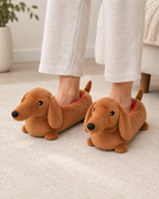 Women's Dachshund Slippers in Brown, relaxed indoor lifestyle