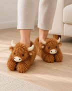 Women's Highland Cow Slippers in Brown, relaxed indoor lifestyle