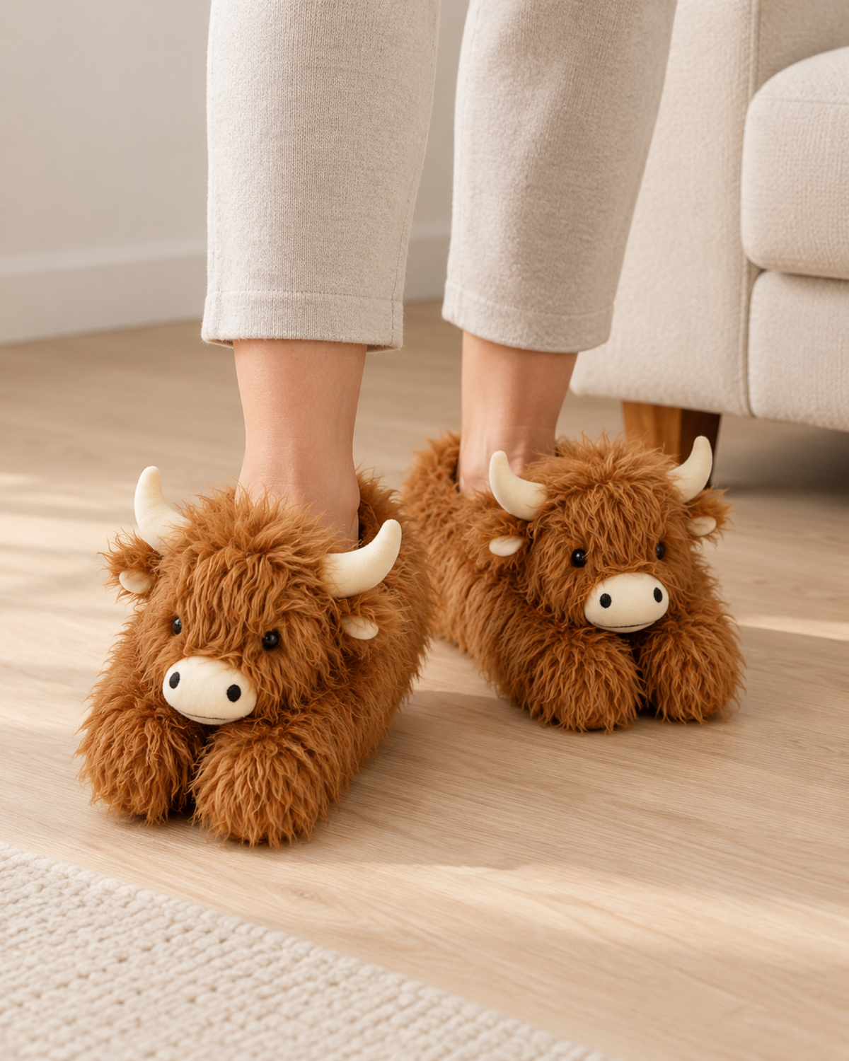 Women's Highland Cow Slippers in Brown, relaxed indoor lifestyle
