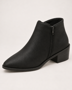 Women's Ankle Boots - Side-Zip Mid-Heel Style, close detail of pointed toe, side zip, stitched shaft and chunky heel