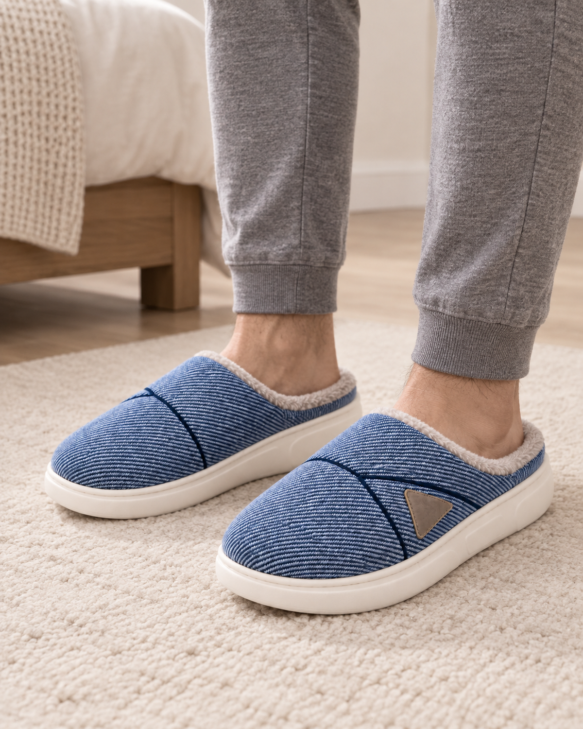 Men's Slippers - Chevron-Panel Plush Style, only worn lifestyle image