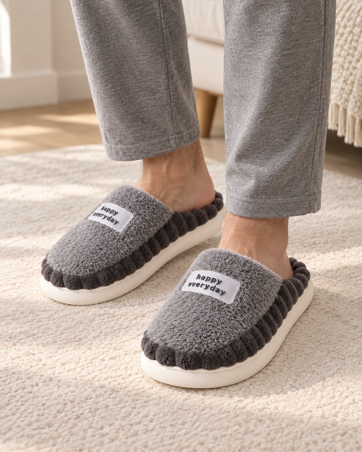 Men's Slippers - Ribbed-Trim Plush Style, only worn lifestyle image