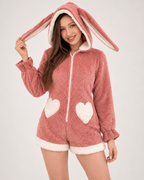 Women's pink short bunny-ear fleece onesie, hood and heart-pocket detail