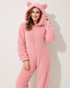 Women's pink bear-ear fleece onesie, hood and plush detail