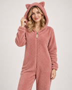 Women's pink cat-ear fleece onesie, hood and plush detail