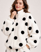 Women's white polka-dot fleece pyjama set, collar, zip and plush detail