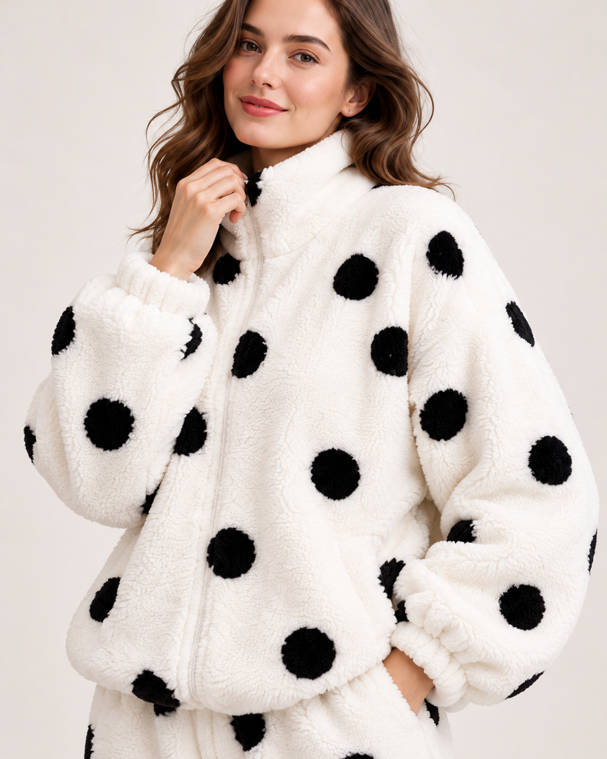 Women's white polka-dot fleece pyjama set, collar, zip and plush detail