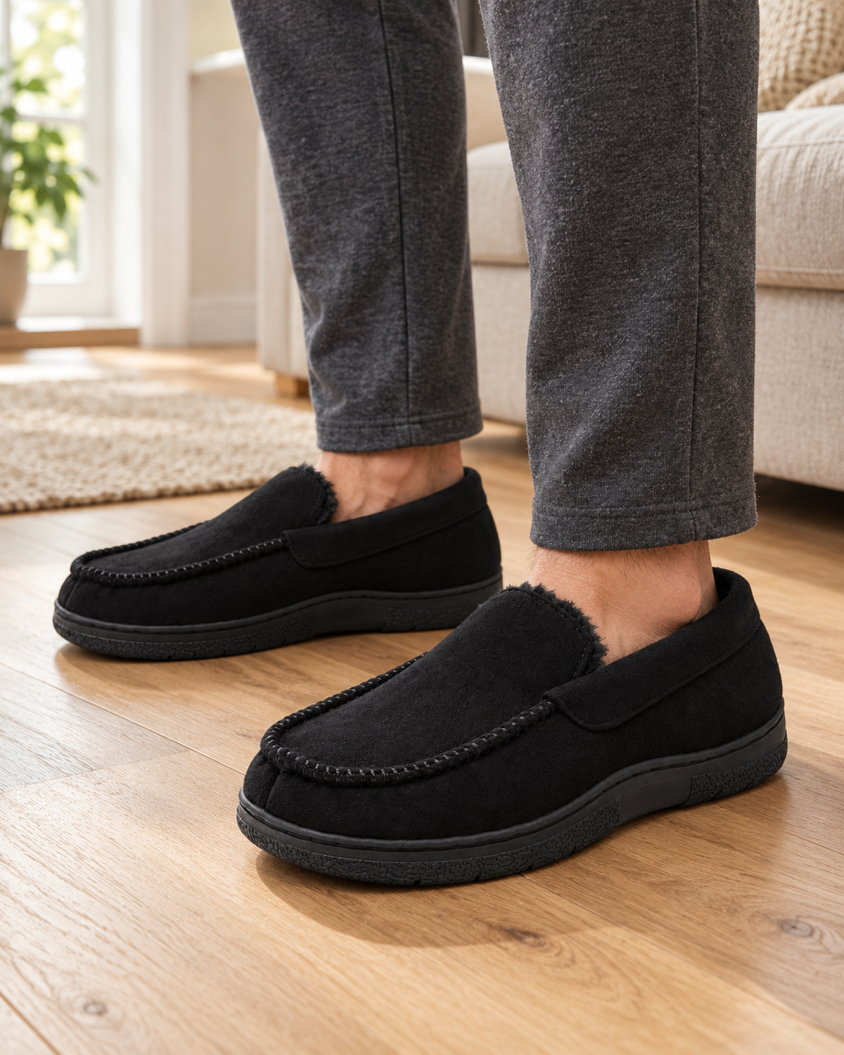 Men's House Slippers - Plaid Warm-Lined Style, only lifestyle image, later in the gallery