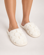 Fluffy Open Toe Slippers in White, worn indoors