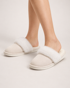 Fluffy House Slippers in Beige, worn indoors