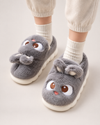 Cartoon Closed Back Slippers in Blue & Grey, worn indoors