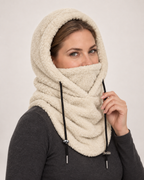 Plush Drawstring Balaclava Hood in Cream, worn interaction view