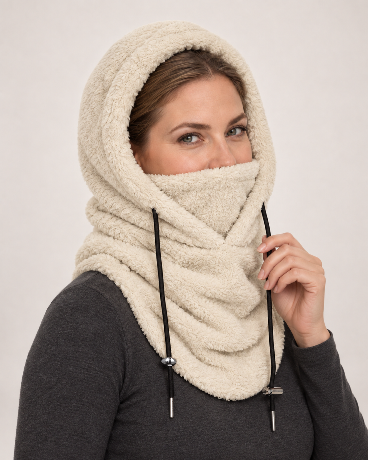 Plush Drawstring Balaclava Hood in Cream, worn interaction view
