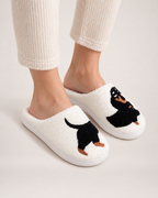 Embroidered Animal Slippers in Dachshund, worn indoors