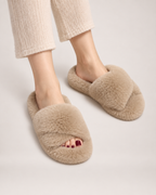 Curly Texture Slippers in Khaki, worn indoors