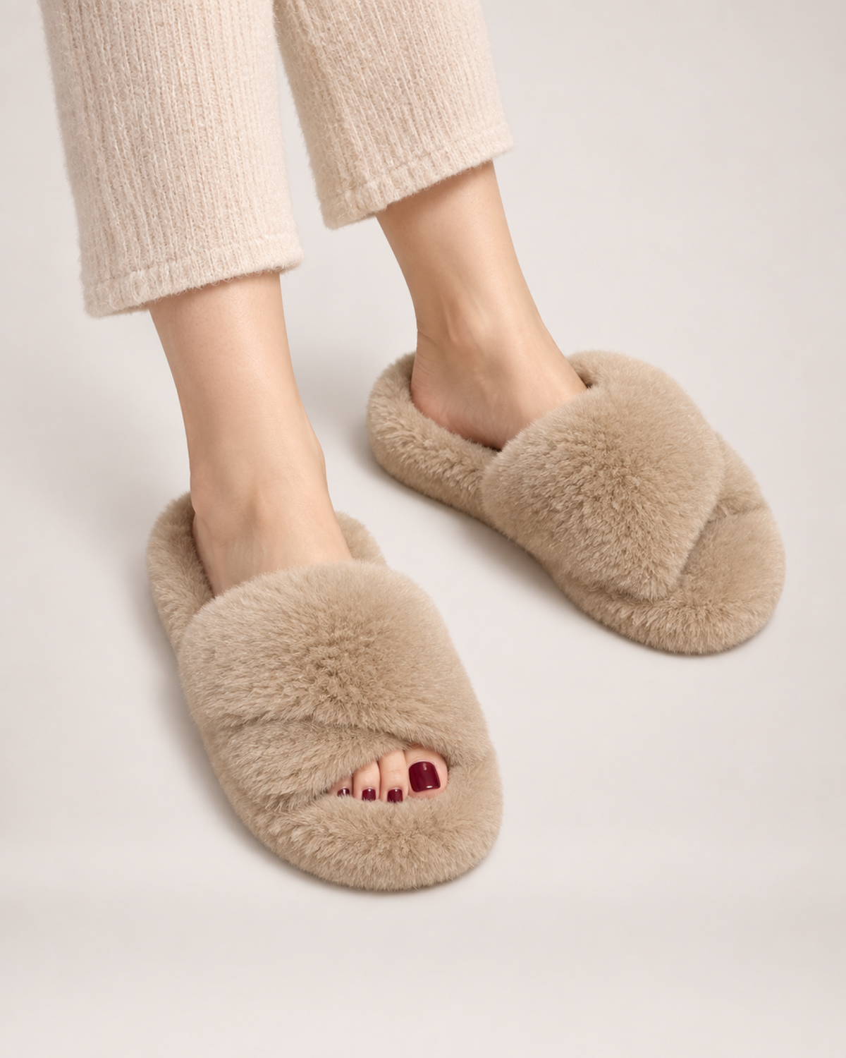 Curly Texture Slippers in Khaki, worn indoors