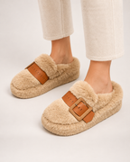 Women's Buckle Platform Slippers in Khaki, worn indoors