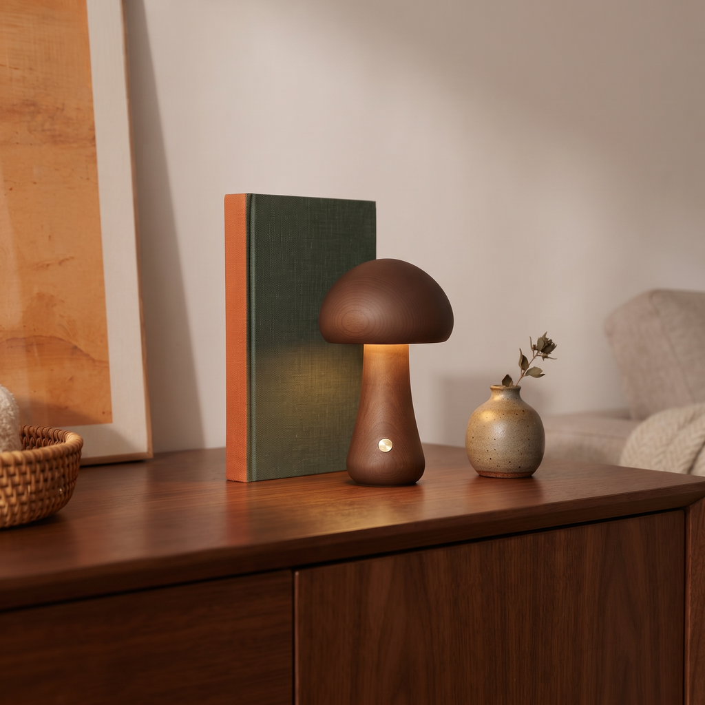 Walnut Willow mushroom lamp styled on a sideboard beside an A5 book