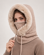 Women's Faux Fur Trim Hooded Scarf in Beige, worn interaction view