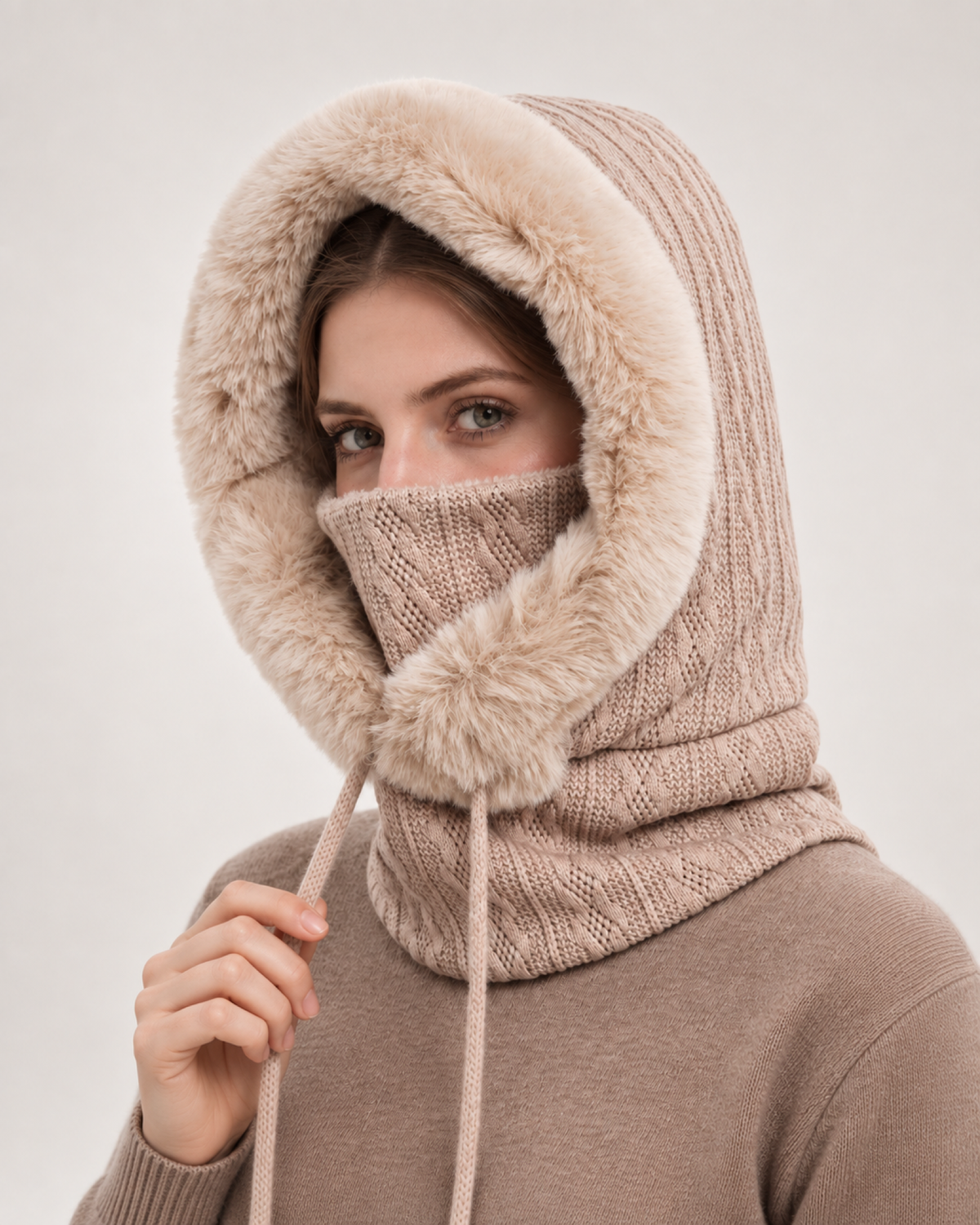 Women's Faux Fur Trim Hooded Scarf in Beige, worn interaction view