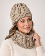 Women's Cable Knit Hat & Scarf Set in Beige, worn interaction view