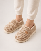Corduroy Closed Back Slippers in Coffee, worn indoors