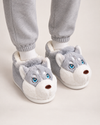 Husky Closed Back Slippers in Light Grey, worn indoors
