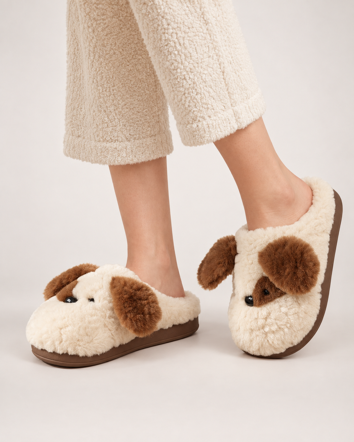 Plush Dog Face Slippers in Beige, worn indoors