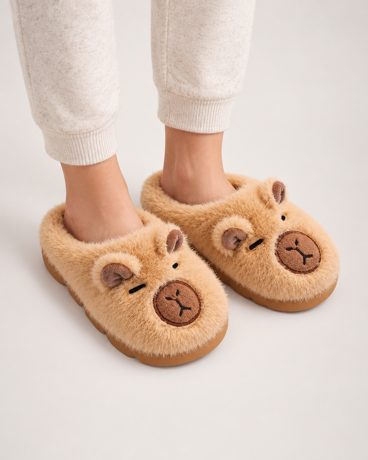 Kids' Capybara Slippers in Light Coffee, worn indoors