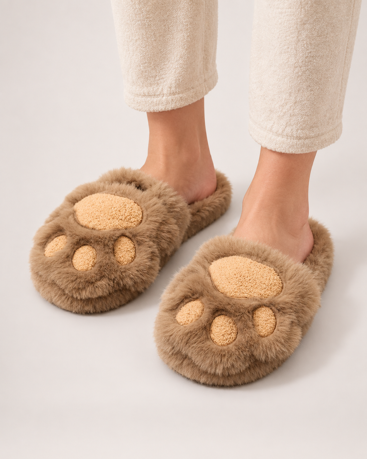 Women's Cat Paw Slippers in Khaki, worn indoors