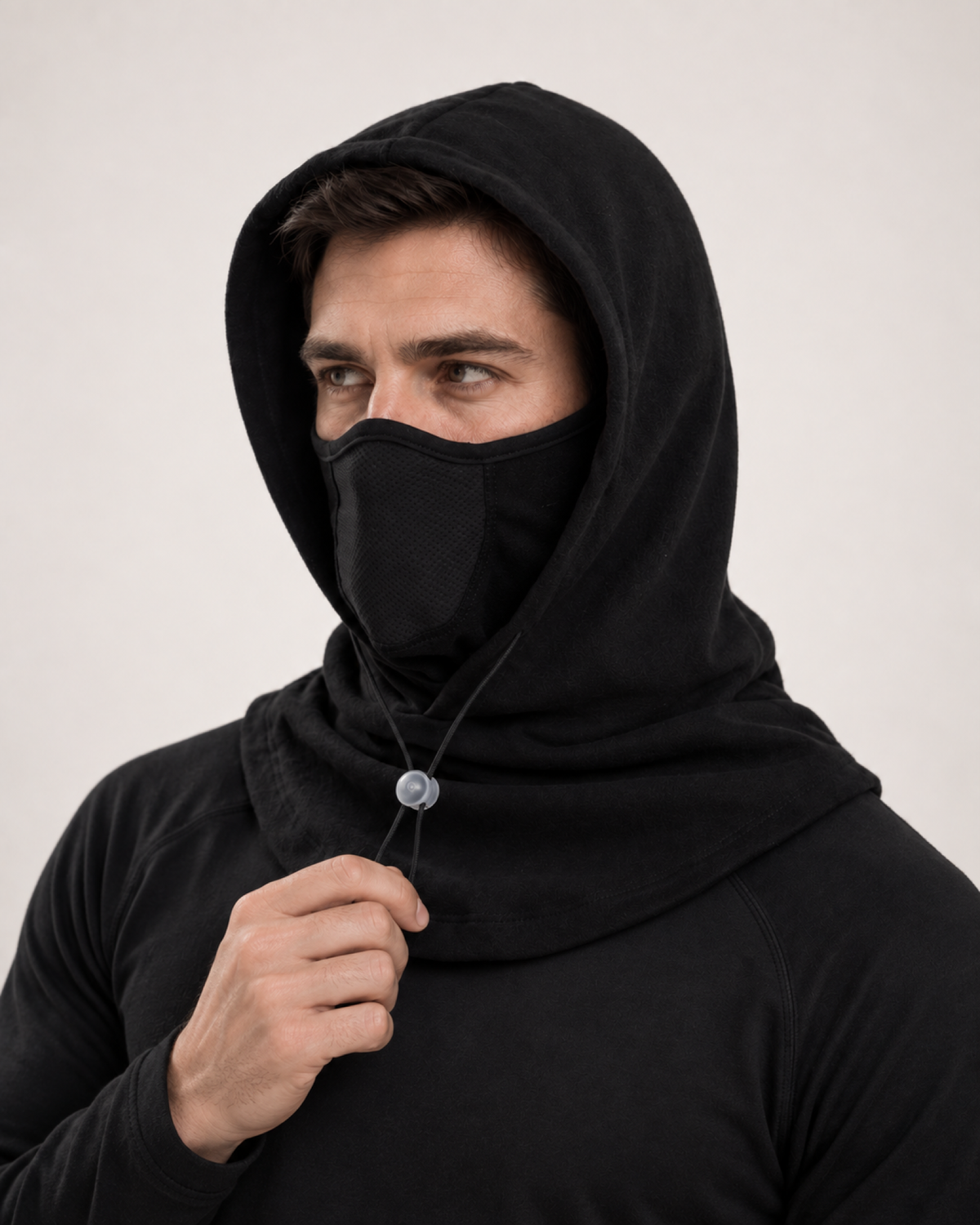 Thermal Fleece Balaclava Hood in Black, worn interaction view
