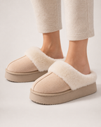Warm Suede-Effect Slippers in Beige, worn indoors