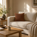 Coffee ribbed cushion cover in a wide living-room setting