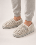 Men's Plush Closed Back Slippers in Grey, worn indoors