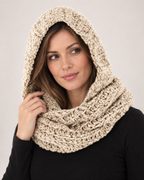 Women's Chunky Knit Hooded Scarf in Beige, worn interaction view