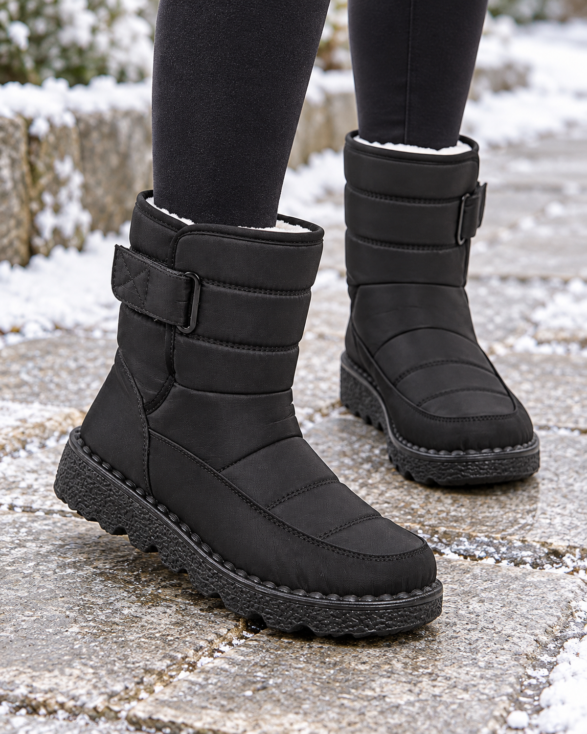 Women's Snow Boots - Plush-Lined Buckle Style, one later lifestyle image showing believable scale