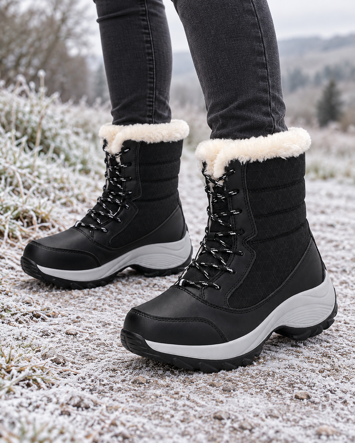 Women's Snow Boots - Faux-Fur Lace-Up Style, one later lifestyle image showing believable scale