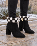 Women's Ankle Boots - Plaid-Trim Block Heel Style, one later lifestyle image showing believable scale