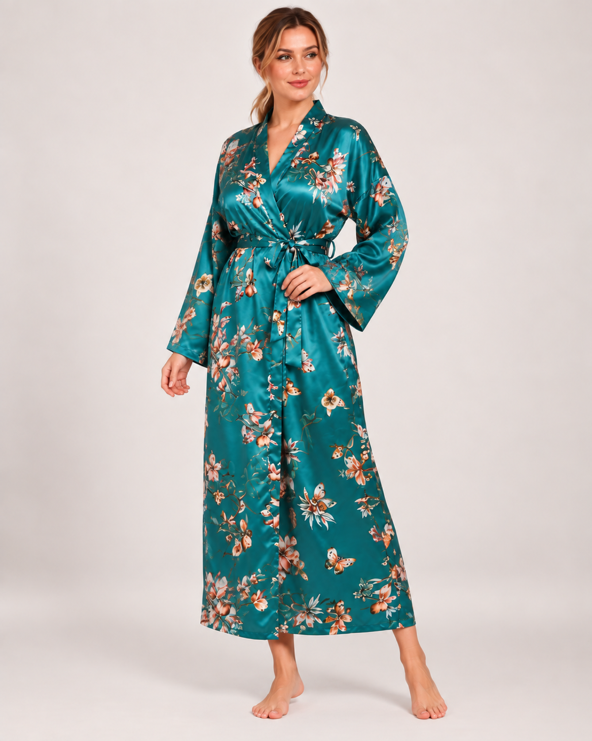 Ladies' Floral Dressing Gown – Long Wrap Style in Teal Floral, full-length studio view