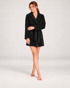 Women's Short Plush Dressing Gown in Black, full-length studio view