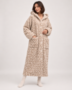 Ladies' Hooded Dressing Gown – Leopard Print in 300g Plush, full-length studio view