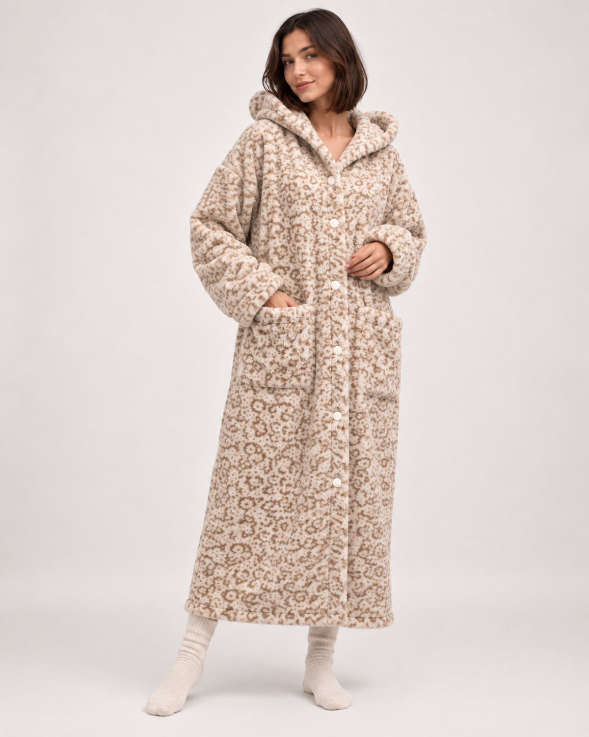 Ladies' Hooded Dressing Gown – Leopard Print in 300g Plush, full-length studio view