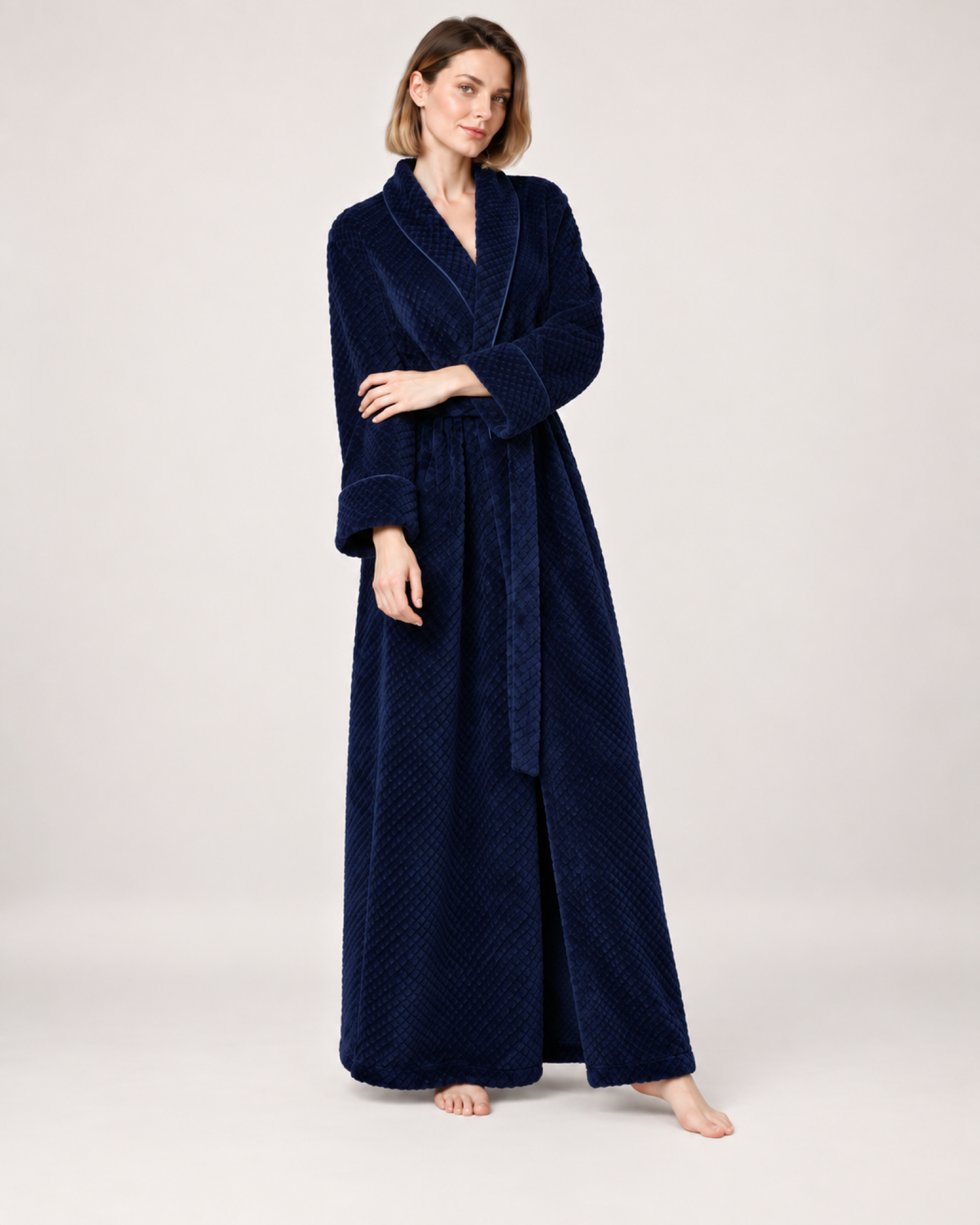 Women's Textured Long Dressing Gown in Navy Blue, full-length studio view