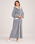 Ladies' Hooded Dressing Gown – Rounded Ear Detail in Grey, full-length studio view