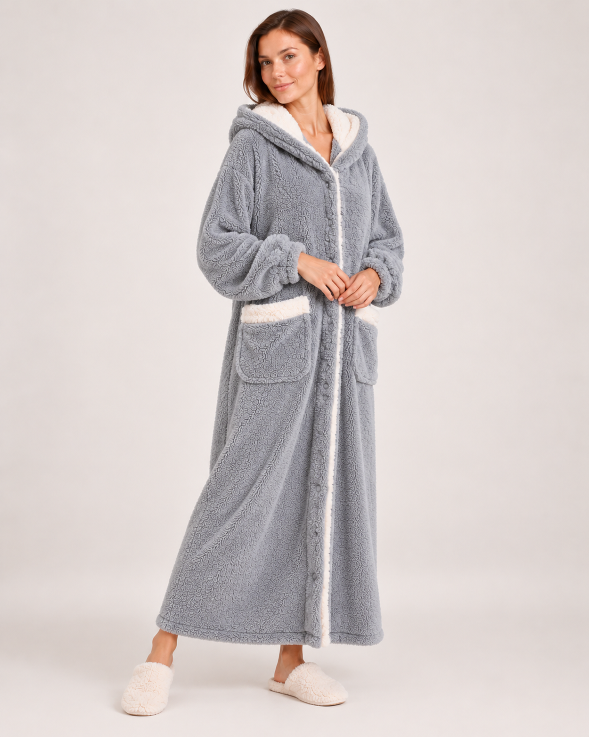 Ladies' Hooded Dressing Gown – Rounded Ear Detail in Grey, full-length studio view