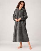 Ladies' Hooded Dressing Gown – Long Pullover Style in Dark Grey, full-length studio view