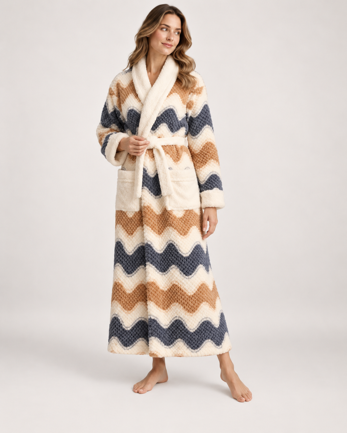 Women's Patterned Long Dressing Gown in Wave Stripe, full-length studio view