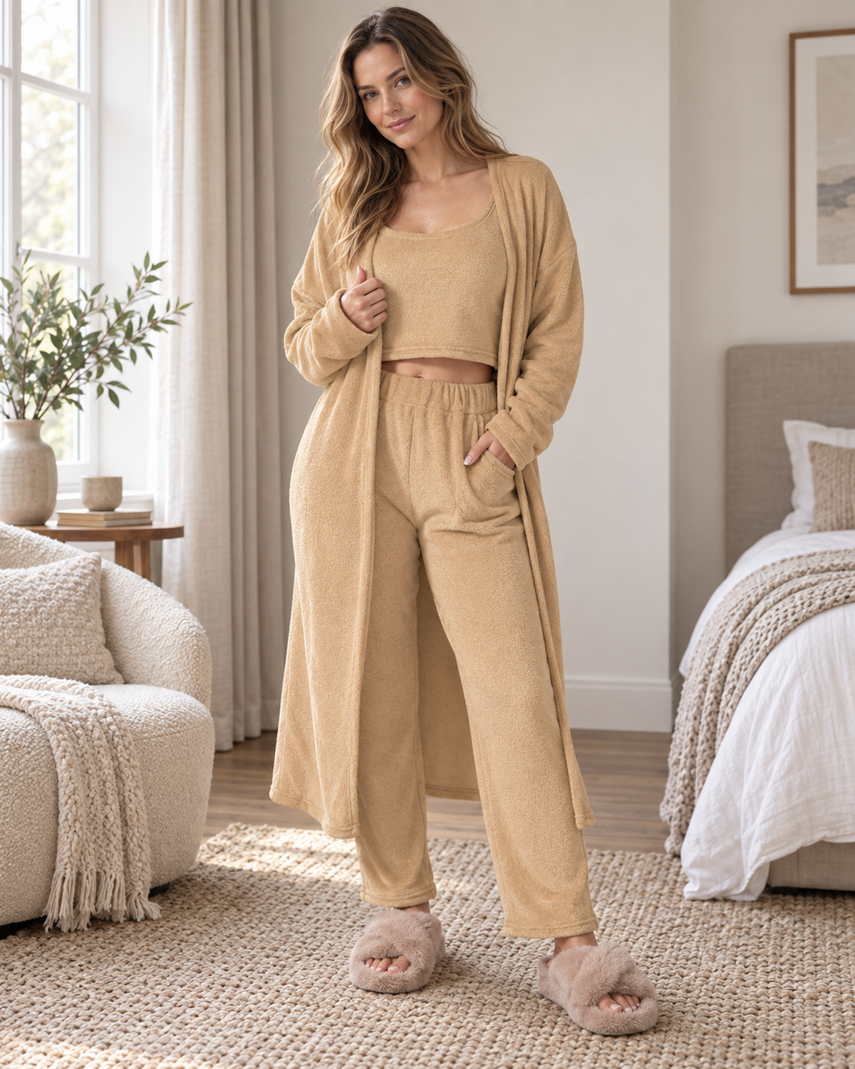 Women's Three Piece Loungewear Set in Camel, home lifestyle view