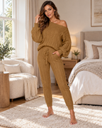 Women's Cable Knit Loungewear Set in Khaki, home lifestyle view