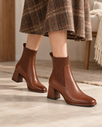 Women's Sock Boots – Square Toe Block Heel in Brown, styled on-foot view